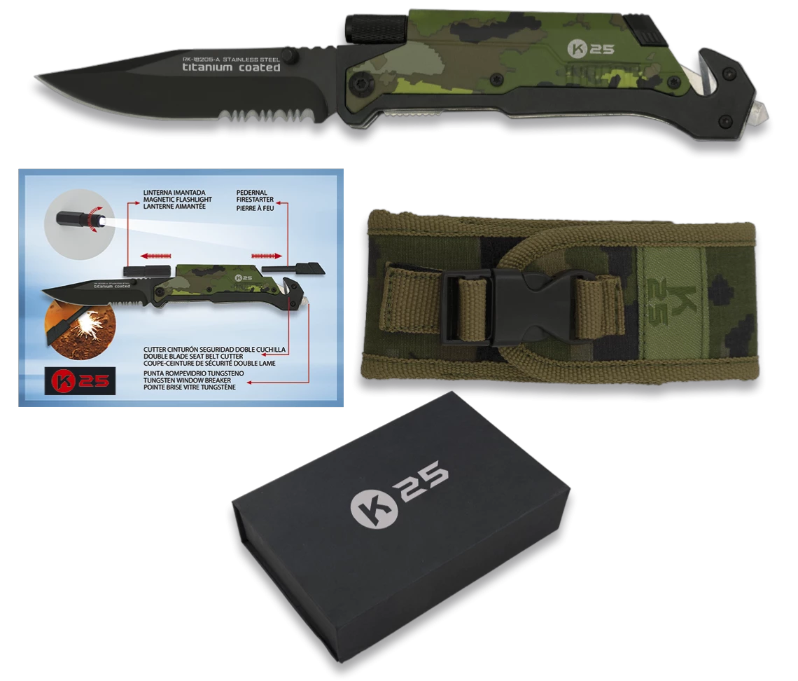 Couteau Pliant K25 18205 Camo-vert Lame 9.5 Cm RevĂȘtue Titane
