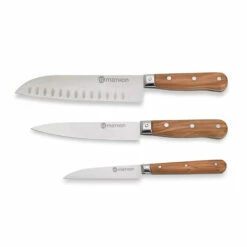 Set Couteau D'office + Couteau De Chef + Santoku En Bois D'olivier Et Lame Inox